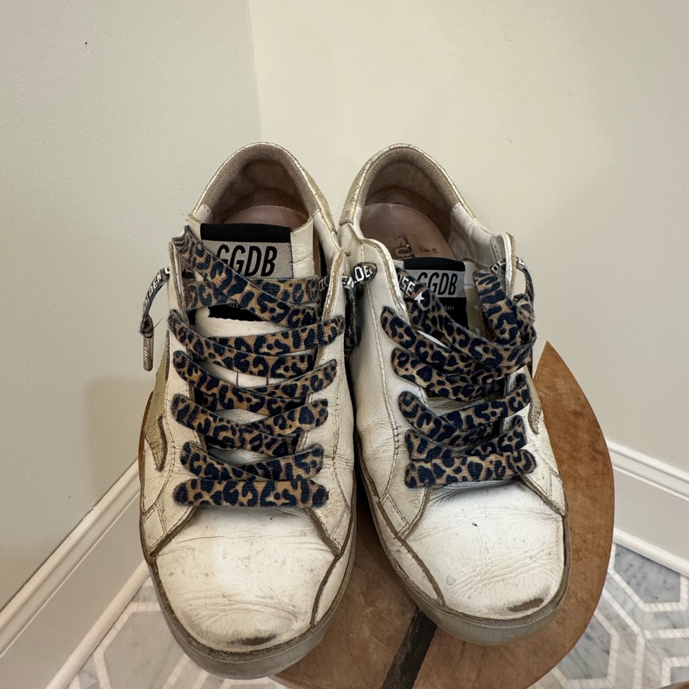 Golden Goose Superstar Leather White Gold Sneakers with Leopard Print laces